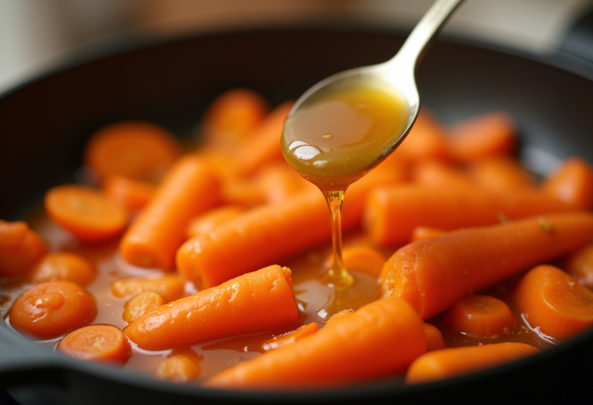 Carrots cooking in butter with honey being added for glaze.
