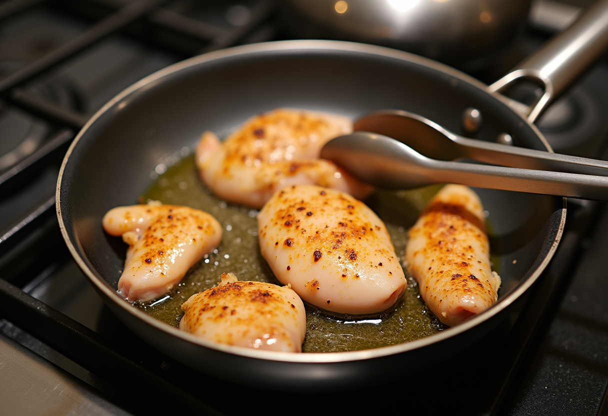 Skillet heating with olive oil for cooking Sweet Chili Chicken.