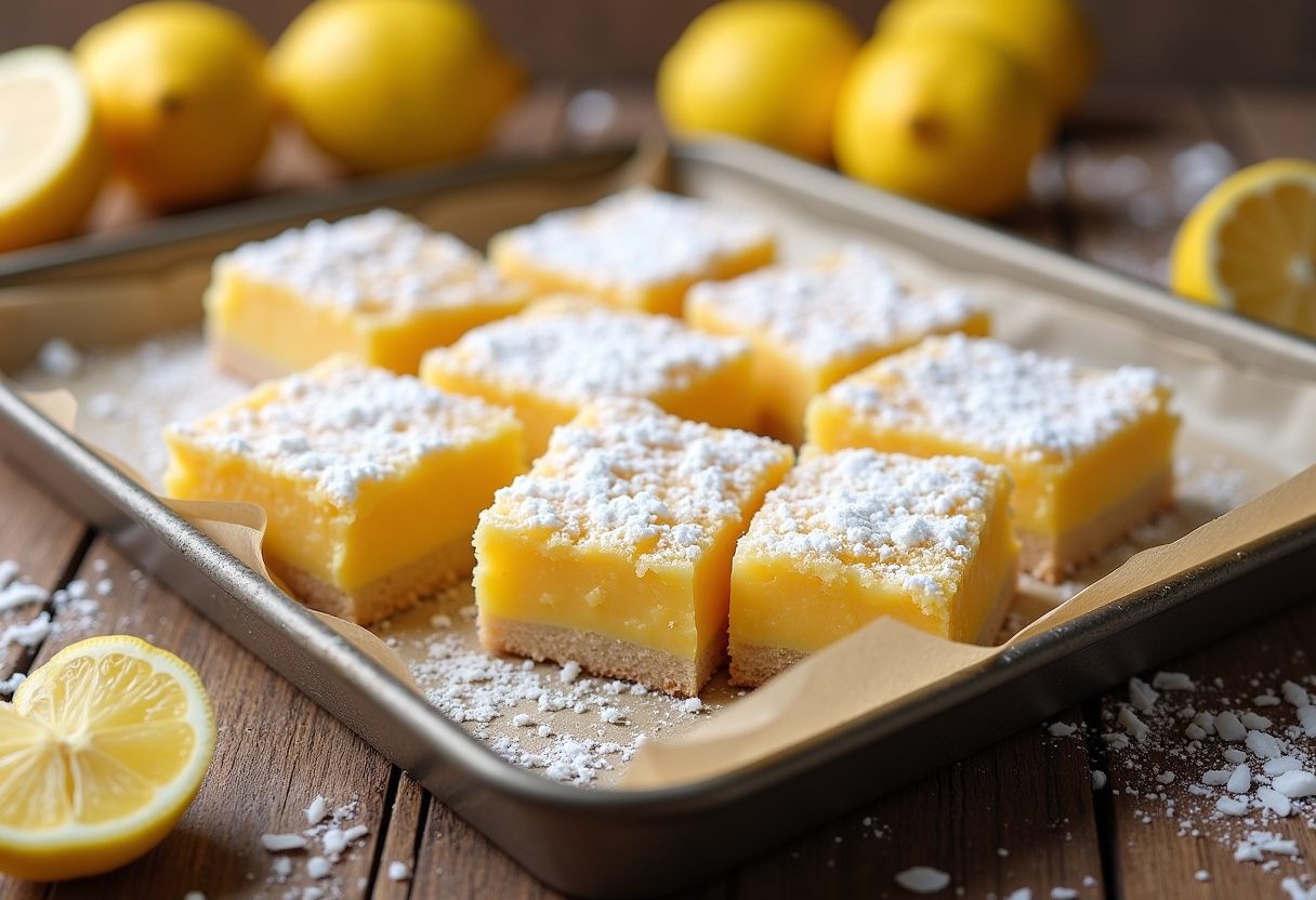 Delicious Lemon Coconut Bars served with powdered sugar and coconut flakes, perfect for dessert.
