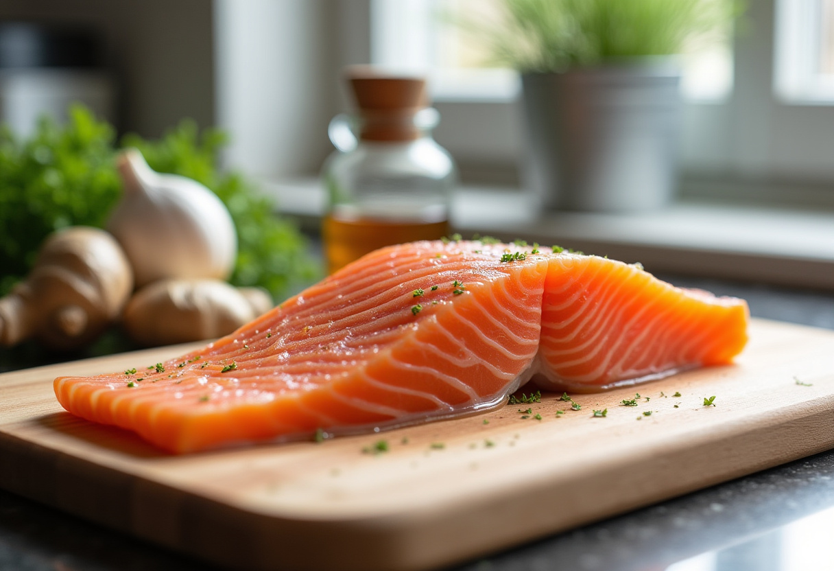 Salmon fillet ready for Maple Glazed Salmon preparation with fresh ingredients.