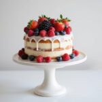 Finished gluten-free cake with berries and glaze.