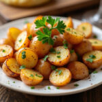 Finished Parmesan Roasted Potatoes, golden and garnished, ideal for any meal.