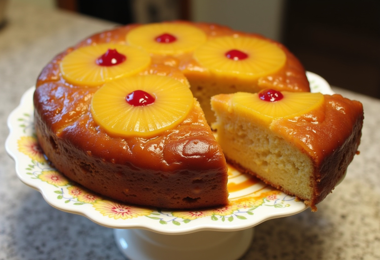 Finished Pineapple Upside-Down Cake with caramelized pineapple and cherries, perfect for dessert.