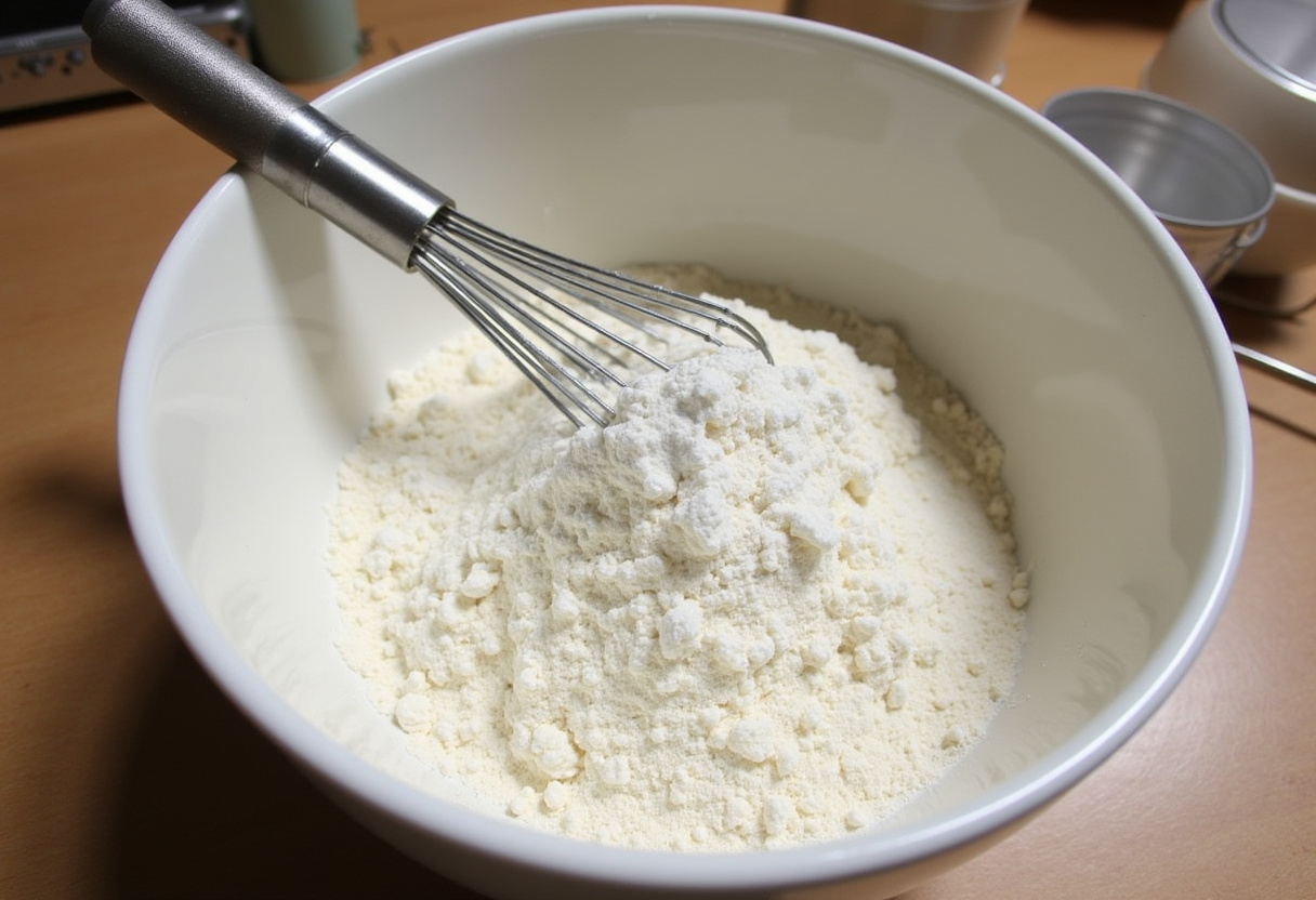 Ingredients for Pineapple Upside-Down Cake displayed in a mixing bowl, including flour, sugar, and baking powder.
