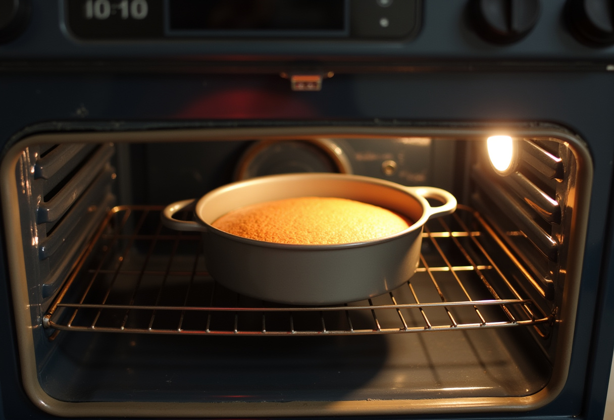 Pineapple Upside-Down Cake pan placed in the oven for baking, indicating the final steps of preparation.