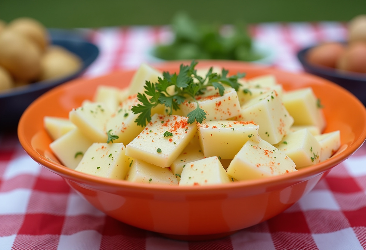 Delicious potato salad garnished with herbs, perfect for summer gatherings or picnics.