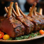 Perfectly roasted Herb Crust Rack of Lamb served with vegetables.