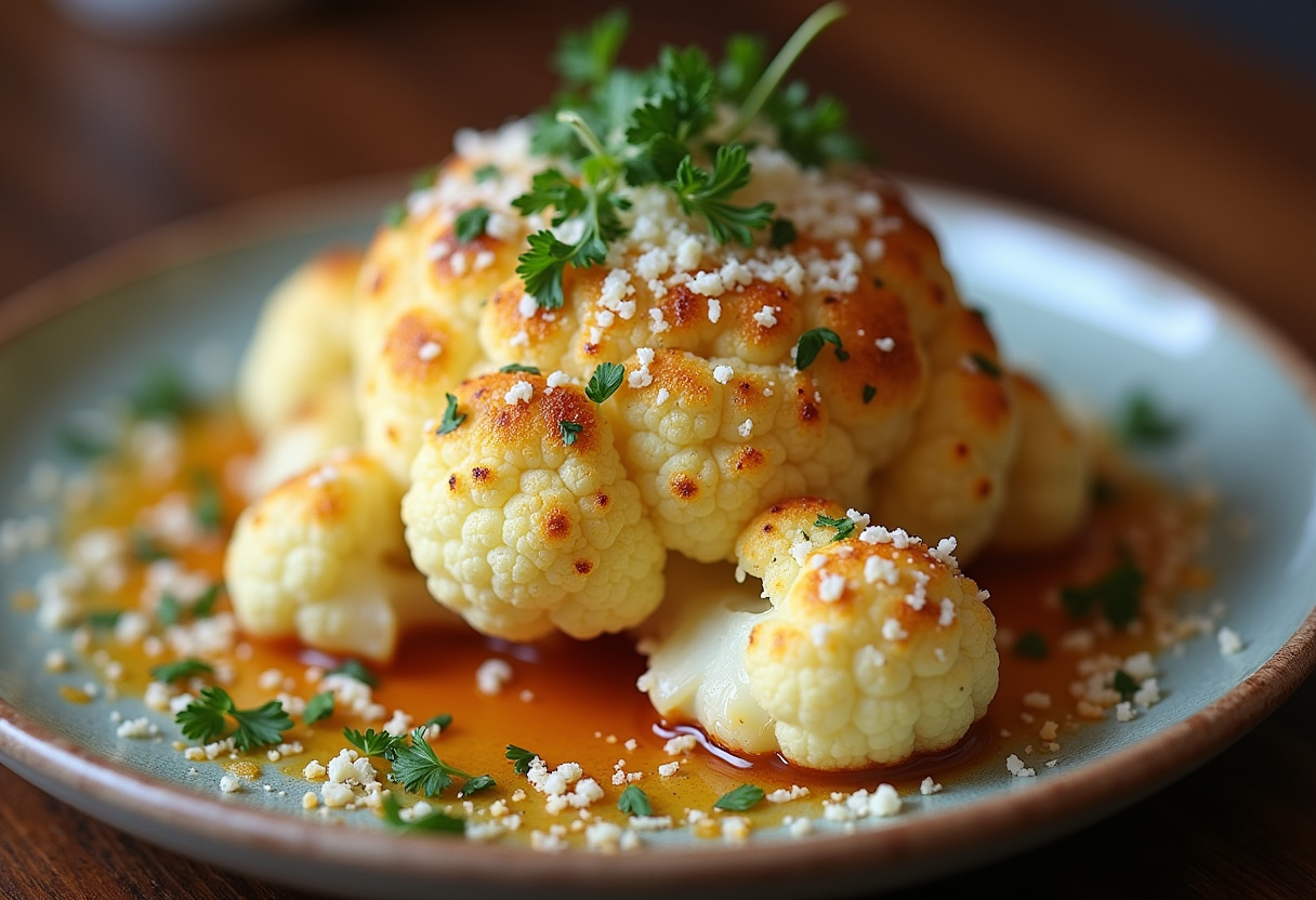 Finished Roasted Cauliflower with Parmesan, golden and cheesy, ready to be enjoyed.