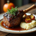 Finished roasted lamb shank meal garnished and served with sides, perfect for a hearty dinner.