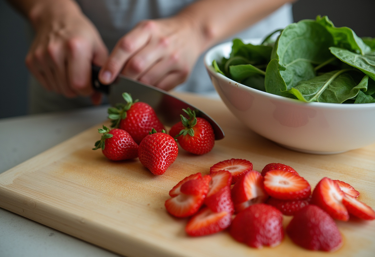 Strawberries being sliced for Spinach and Strawberry Salad.