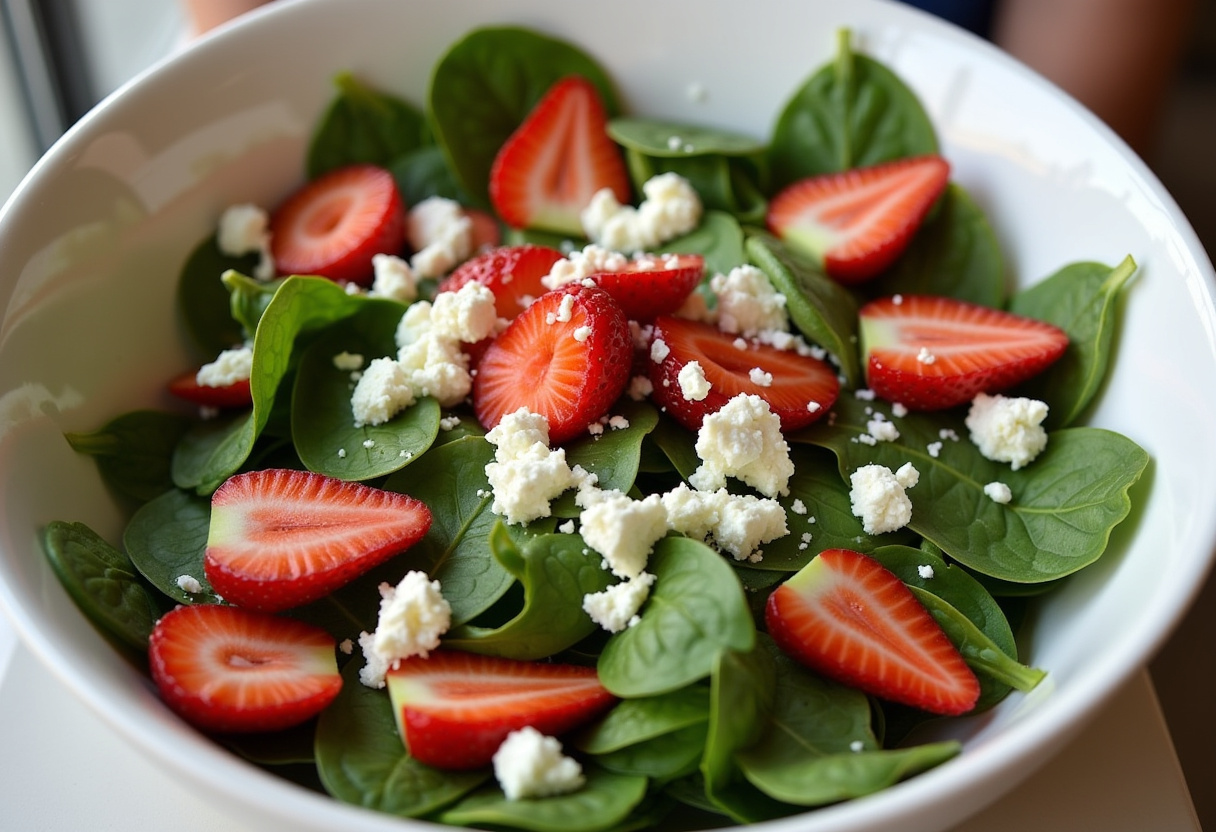 Spinach, strawberries, and feta cheese mixed in a salad bowl.