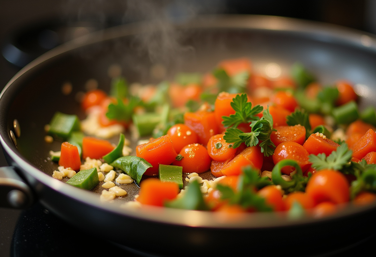 Sautéing garlic and spring vegetables in olive oil for Spring Veggie Pasta.