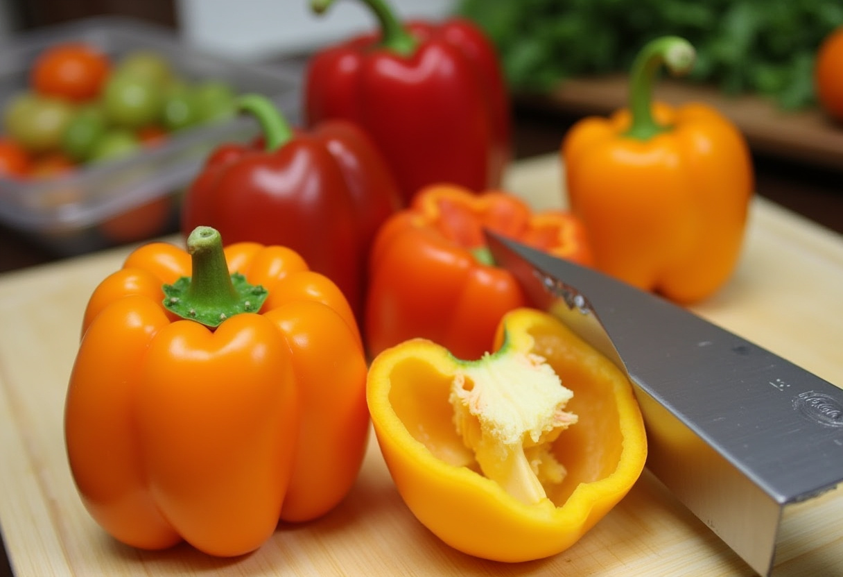 Sliced bell peppers in preparation for stuffed bell peppers recipe.