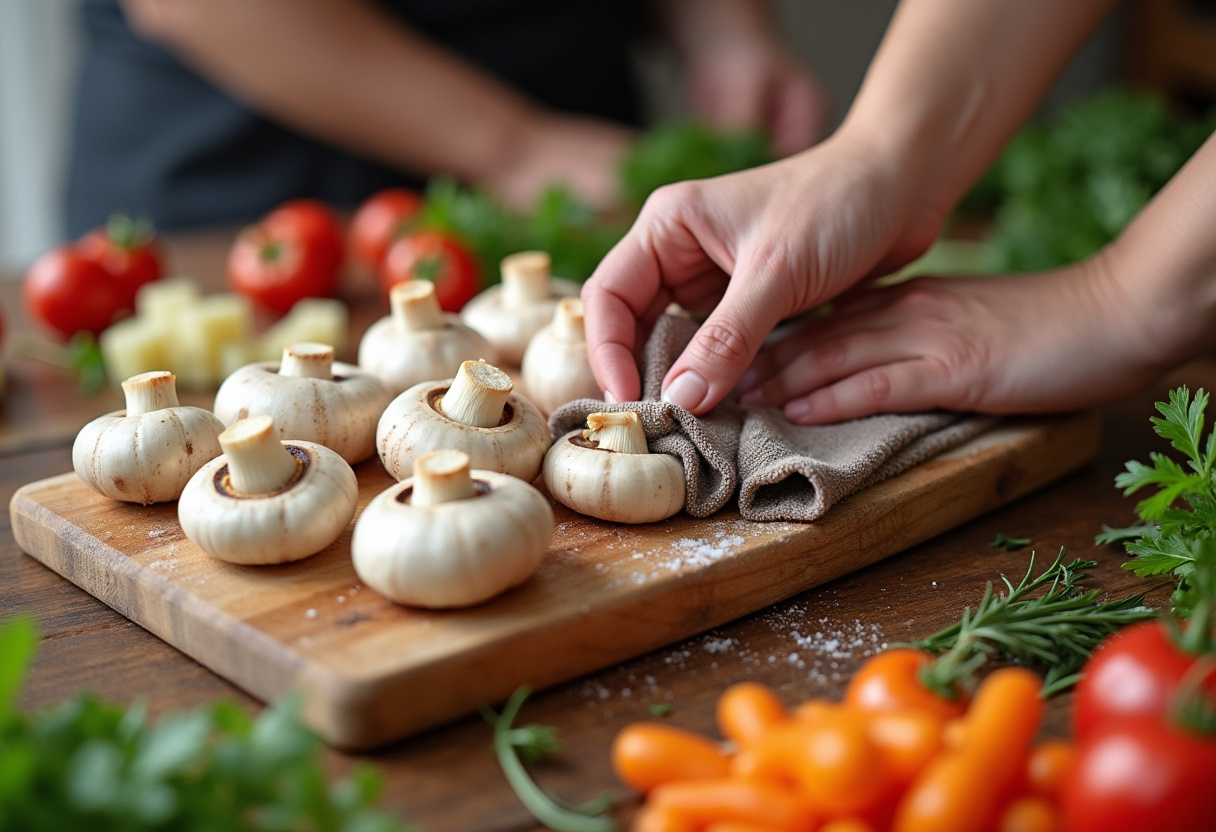 Fresh mushrooms being cleaned for stuffing in the stuffed mushrooms recipe.