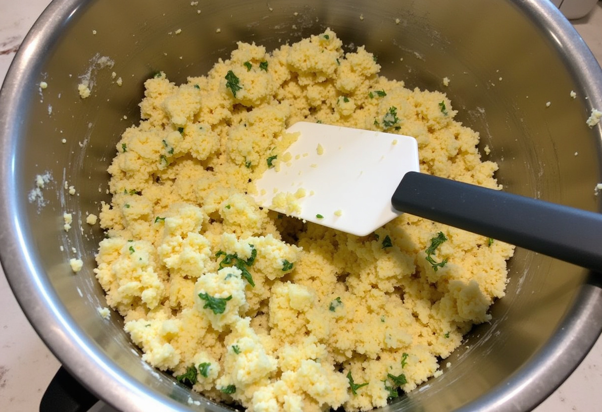 Savory cream cheese and herb stuffing prepared for stuffed mushrooms.