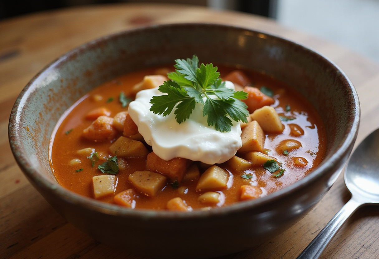 Bowl of finished high protein soup with parsley and Greek yogurt.