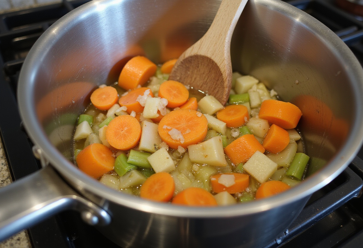 Sautéing vegetables for high protein soup.