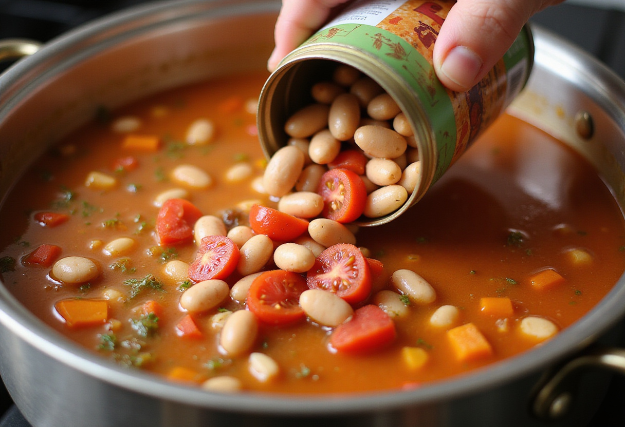 Adding kidney beans and diced tomatoes to simmering high protein soup.
