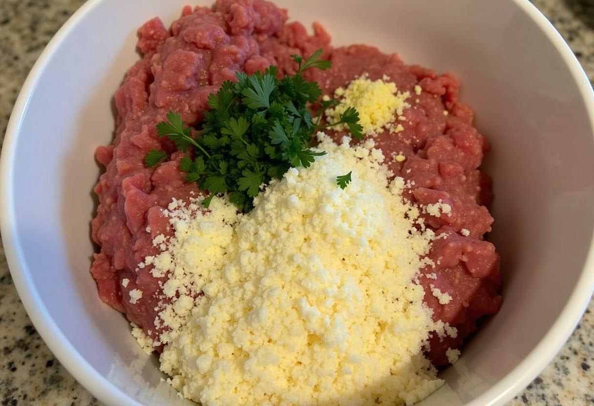 Ingredients like ground meat, garlic, parsley, cheese, and breadcrumbs prepped in a bowl for making 4C bread crumbs meatballs.