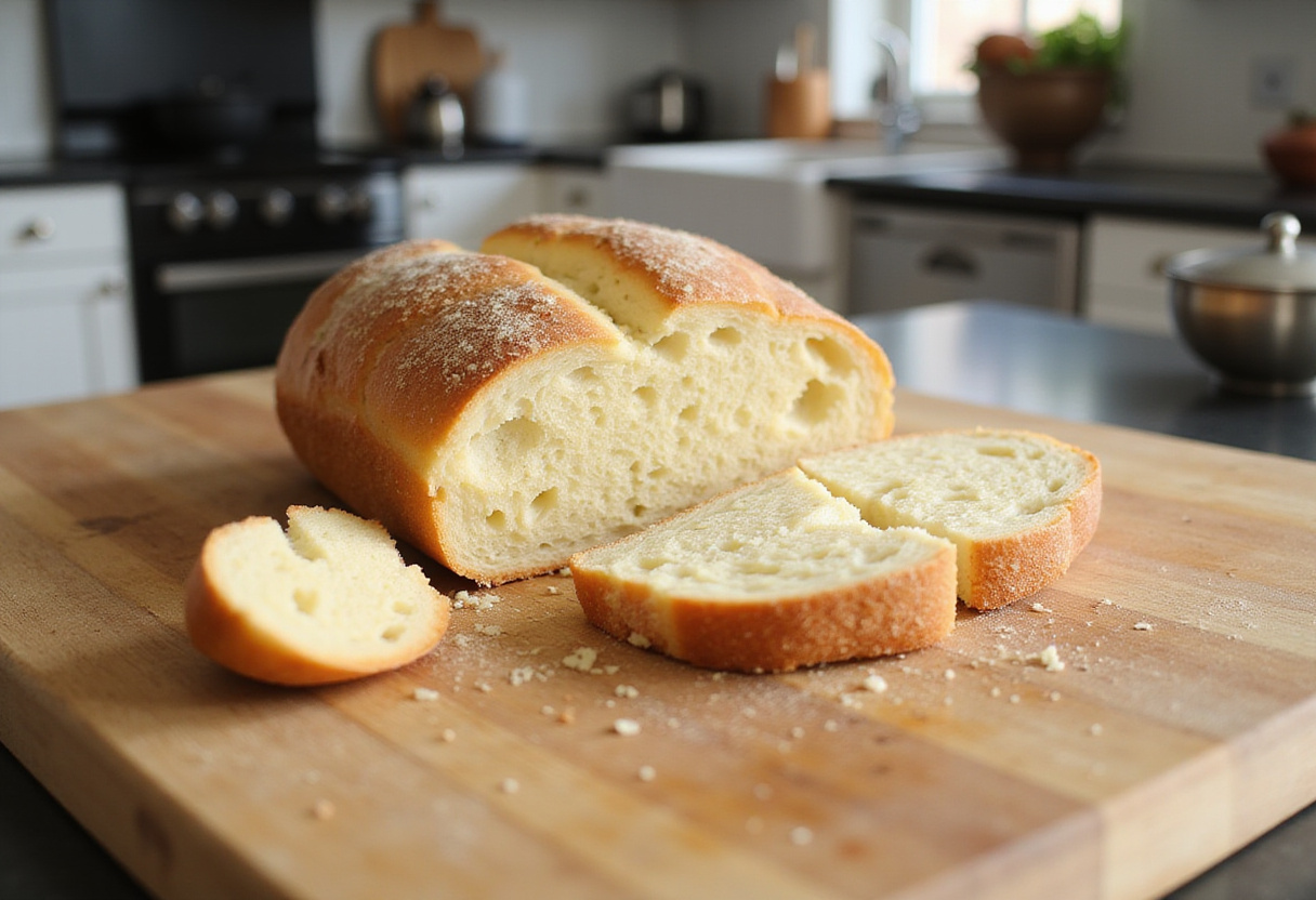 Slicing Italian bread for a unique take on Cunetto's Garlic Cheese Bread.