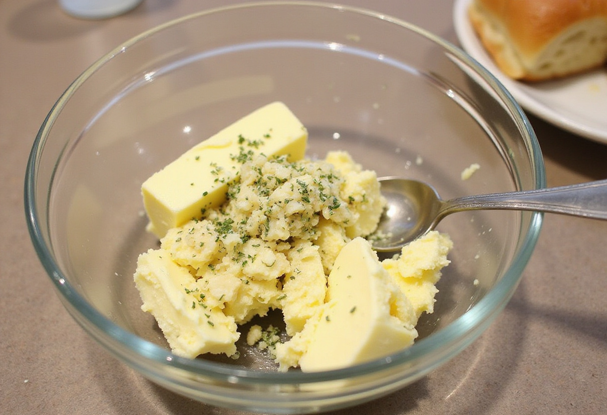 Preparing the garlic butter mixture for a unique garlic cheese bread recipe.