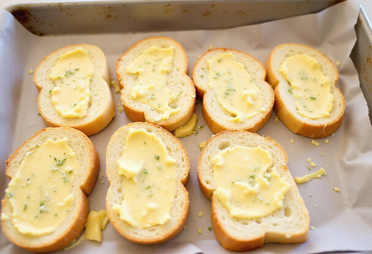 Spreading garlic butter on Italian bread slices for garlic cheese bread.