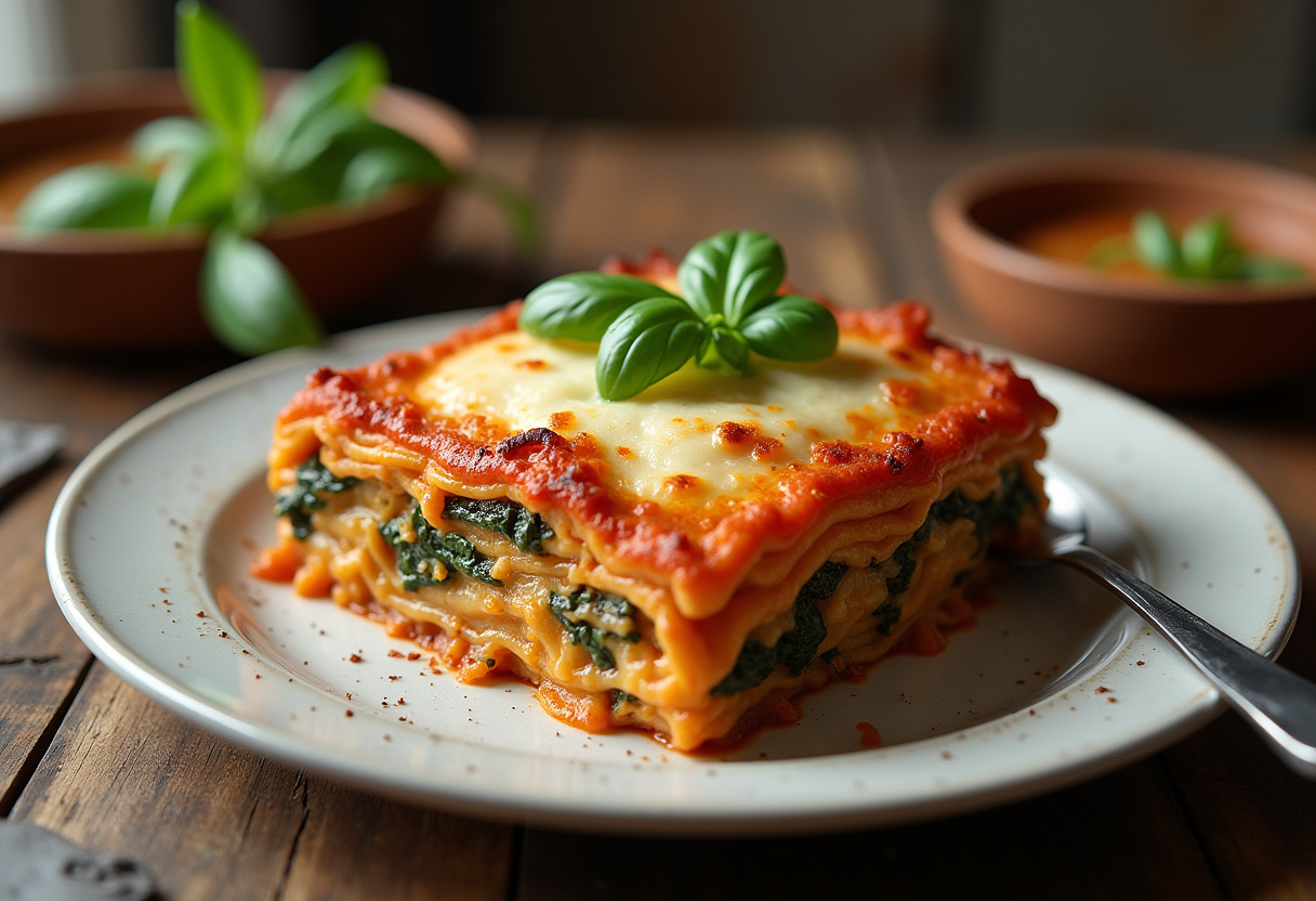 Finished vegetable lasagna served with fresh basil, a hearty and healthy dish.