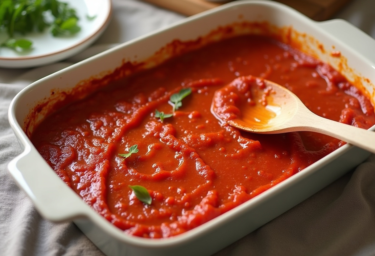 Spreading marinara sauce in a baking dish for vegetable lasagna preparation.