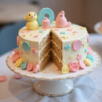 Finished baby shower cake with fondant decorations, ready for the celebration.