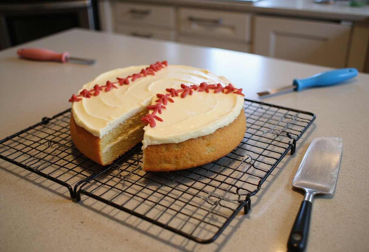 Cake layers cooling before assembling baseball cake.