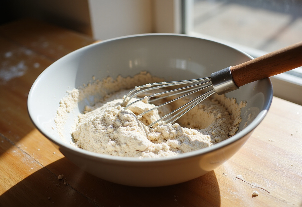 Dry ingredients being mixed in a bowl for Harry Potter cake.