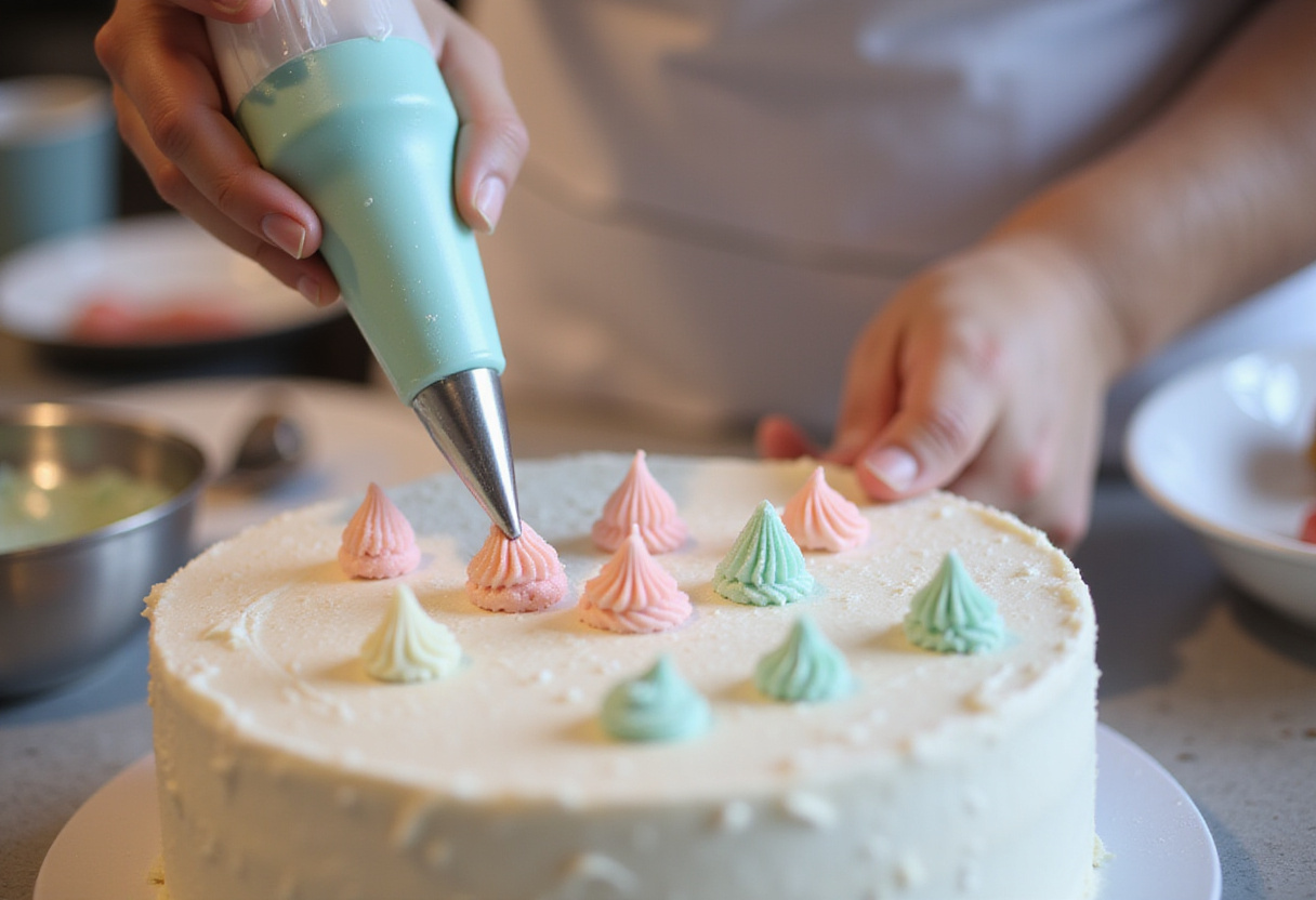 Piping bags with colored frosting for decorating a wedding cake.