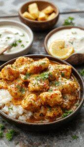 A vibrant plate featuring creamy, orange-hued butter chicken garnished with fresh coriander. The dish is served alongside fluffy basmati rice and complemented by warm naan bread, creating an inviting and colorful presentation with a rich, glossy sauce.