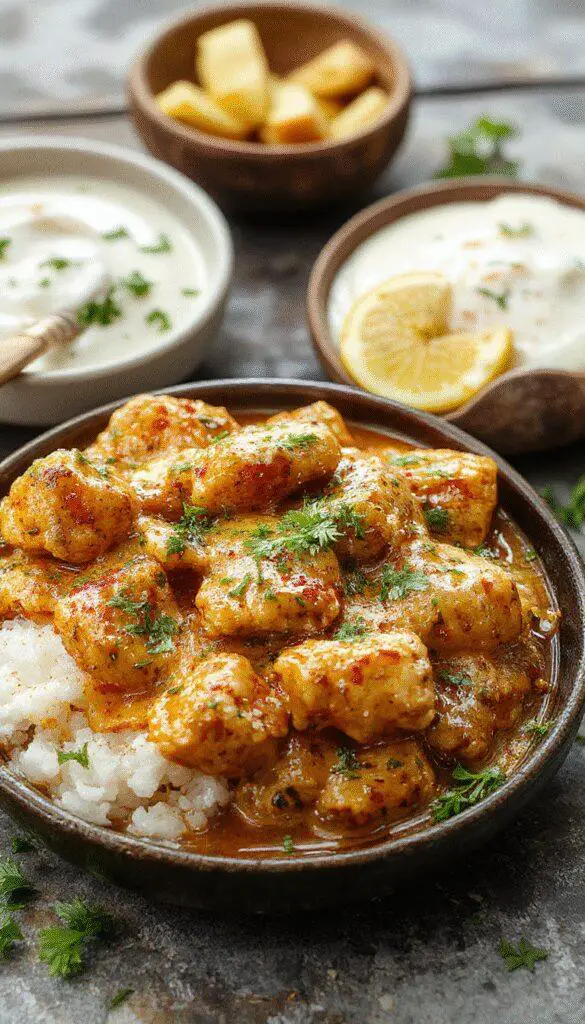 A vibrant plate featuring creamy, orange-hued butter chicken garnished with fresh coriander. The dish is served alongside fluffy basmati rice and complemented by warm naan bread, creating an inviting and colorful presentation with a rich, glossy sauce.