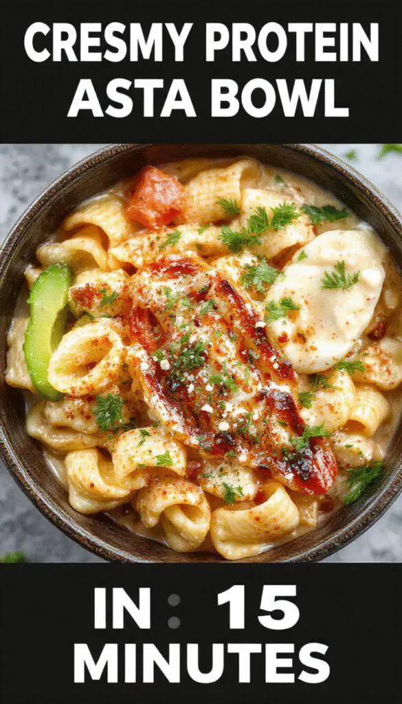 A close-up of a creamy pasta bowl topped with tender chicken pieces, garnished with fresh herbs and a drizzle of sauce, presented on a rustic plate with steam rising, conveying warmth and comfort.