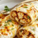 A close-up of cheesy chicken garlic wraps sliced open to reveal juicy chicken, melted cheese, and bits of garlic, all wrapped in a golden-brown tortilla, garnished with fresh herbs on a rustic wooden plate.