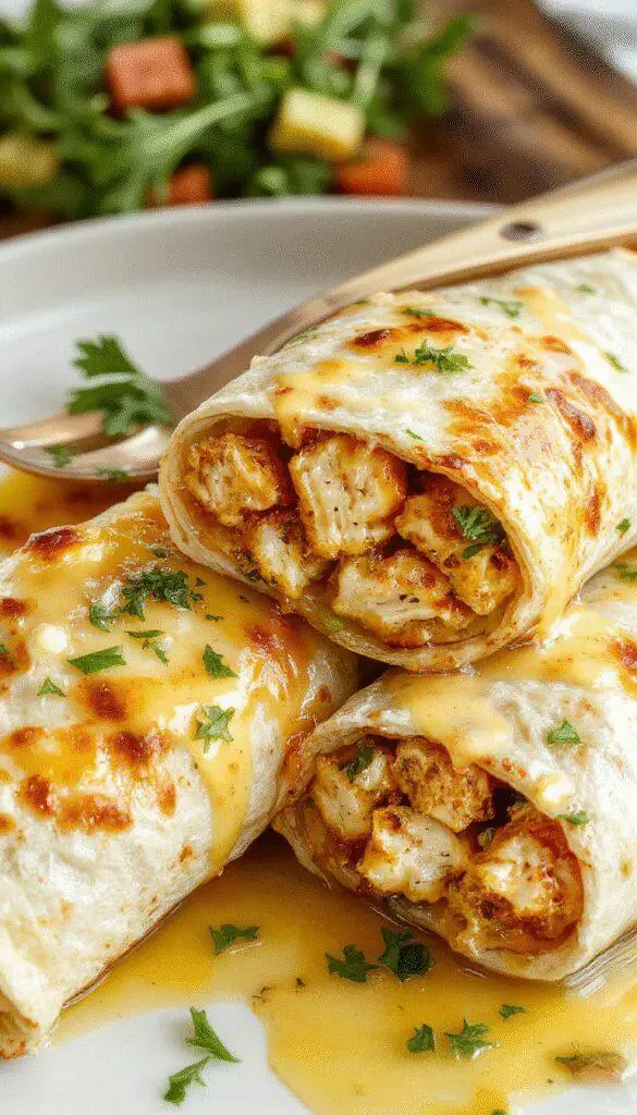 A close-up of cheesy chicken garlic wraps sliced open to reveal juicy chicken, melted cheese, and bits of garlic, all wrapped in a golden-brown tortilla, garnished with fresh herbs on a rustic wooden plate.