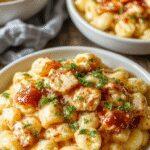 A steaming bowl of BBQ chicken mac and cheese featuring golden baked cheese topping, tender chicken pieces, and a sprinkle of fresh herbs on top, served in a rustic white bowl on a wooden table with a fork nearby.