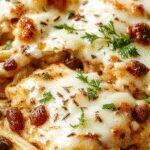 A close-up of a baked spaghetti casserole in a white ceramic dish, topped with melted golden cheese and garnished with chopped green herbs. The casserole showcases strands of pasta, chunks of chicken, and a rich, cheesy surface, with a slightly crispy edge and a vibrant, colorful presentation.