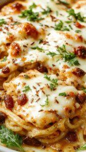 A close-up of a baked spaghetti casserole in a white ceramic dish, topped with melted golden cheese and garnished with chopped green herbs. The casserole showcases strands of pasta, chunks of chicken, and a rich, cheesy surface, with a slightly crispy edge and a vibrant, colorful presentation.