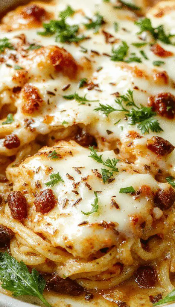 A close-up of a baked spaghetti casserole in a white ceramic dish, topped with melted golden cheese and garnished with chopped green herbs. The casserole showcases strands of pasta, chunks of chicken, and a rich, cheesy surface, with a slightly crispy edge and a vibrant, colorful presentation.