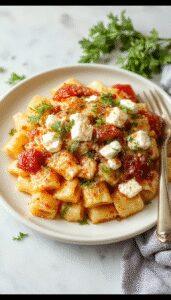 A close-up of a bowl of baked feta pasta showcasing creamy, golden pasta mixed with crumbled feta cheese, cherry tomatoes, and fresh basil leaves, with a drizzle of hot honey dressing on top. The dish is plated attractively in a rustic white bowl, highlighting the vibrant colors and inviting textures.