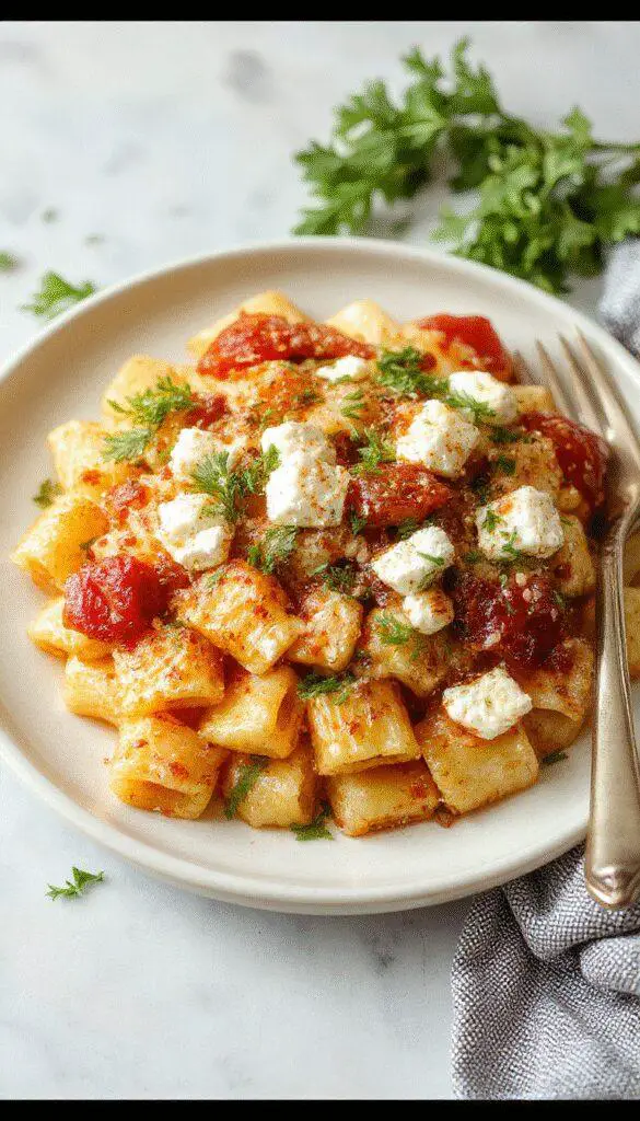 A close-up of a bowl of baked feta pasta showcasing creamy, golden pasta mixed with crumbled feta cheese, cherry tomatoes, and fresh basil leaves, with a drizzle of hot honey dressing on top. The dish is plated attractively in a rustic white bowl, highlighting the vibrant colors and inviting textures.