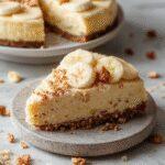 A slice of banana pudding crunch cheesecake on a white plate, topped with whipped cream, caramelized banana slices, and chocolate shavings, with a golden crust visible around the edges. The vibrant yellow of the banana filling contrasts with the creamy topping and the rustic presentation adds an inviting appeal.