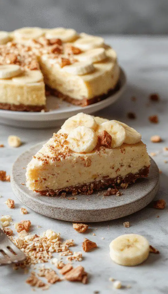 A slice of banana pudding crunch cheesecake on a white plate, topped with whipped cream, caramelized banana slices, and chocolate shavings, with a golden crust visible around the edges. The vibrant yellow of the banana filling contrasts with the creamy topping and the rustic presentation adds an inviting appeal.