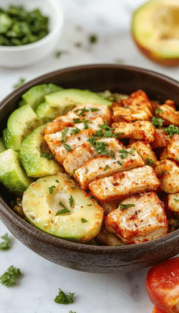A vibrant bowl featuring crispy, golden-brown chicken pieces topped with a creamy, spicy Bang Bang sauce. Slices of colorful bell peppers and fresh greens surround the chicken, all arranged in a stylish white ceramic bowl on a rustic wooden table.