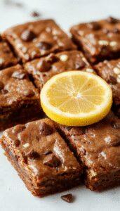 A vibrant display of lemon brownies arranged on a white plate, showcasing their bright yellow color with a slightly caramelized top and a fudgy, moist interior. The brownies are garnished with a dusting of powdered sugar and a few fresh lemon slices, contrasting beautifully with their golden crust and moist crumb.