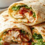 A vibrant turkey club wrap sliced open to reveal layers of grilled turkey, crisp lettuce, ripe tomatoes, and a creamy spread, all neatly wrapped in a soft tortilla with grill marks visible. The wrap is placed on a rustic wooden board with a side of fresh veggie sticks, bright and inviting.