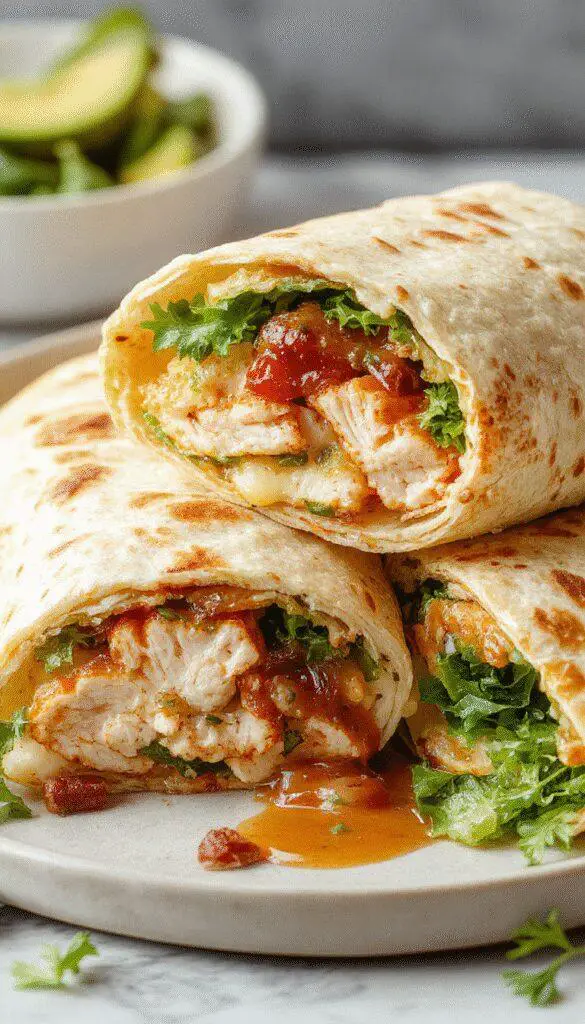A vibrant turkey club wrap sliced open to reveal layers of grilled turkey, crisp lettuce, ripe tomatoes, and a creamy spread, all neatly wrapped in a soft tortilla with grill marks visible. The wrap is placed on a rustic wooden board with a side of fresh veggie sticks, bright and inviting.