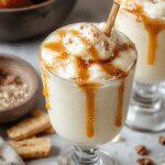 A tall glass of caramel apple cider float topped with whipped cream and caramel drizzle, garnished with a fresh apple slice and a cinnamon stick. The drink is vibrant with deep amber cider contrasting with the white foam and golden caramel, presented on a rustic wooden table with fall-themed accents.